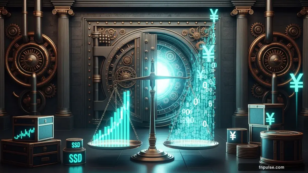 A grand steampunk vault with massive brass doors and copper mechanism wheels, balance scales made of clockwork gears, interest rate indicators glowing in teal holographic displays — editorial illustration for "Japan Intervenes as USD/JPY Breaches 160, Sparking Massive Reversal".