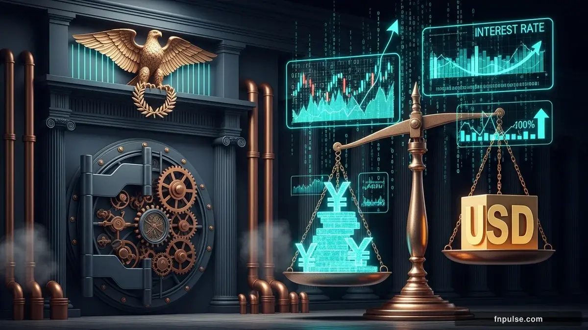 A grand steampunk vault with massive brass doors and copper mechanism wheels, balance scales made of clockwork gears, interest rate indicators glowing in teal holographic displays — editorial illustration for "Japan Intervenes to Prop Up Yen as USD/JPY Breaches 160 Level".