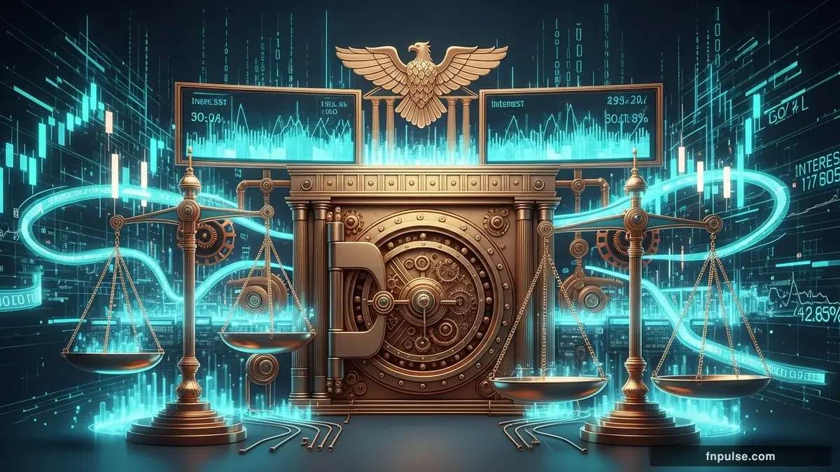 A grand steampunk vault with massive brass doors and copper mechanism wheels, balance scales made of clockwork gears, interest rate indicators glowing in teal holographic displays — editorial illustration for "Japan Intervenes to Prop Up Yen in Massive Market Move".