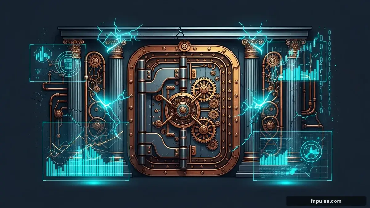 A grand steampunk vault with massive brass doors and copper mechanism wheels, balance scales made of clockwork gears, interest rate indicators glowing in teal holographic displays — editorial illustration for "Japan Intervenes to Prop Up Yen, Sending USD/JPY Plunging".