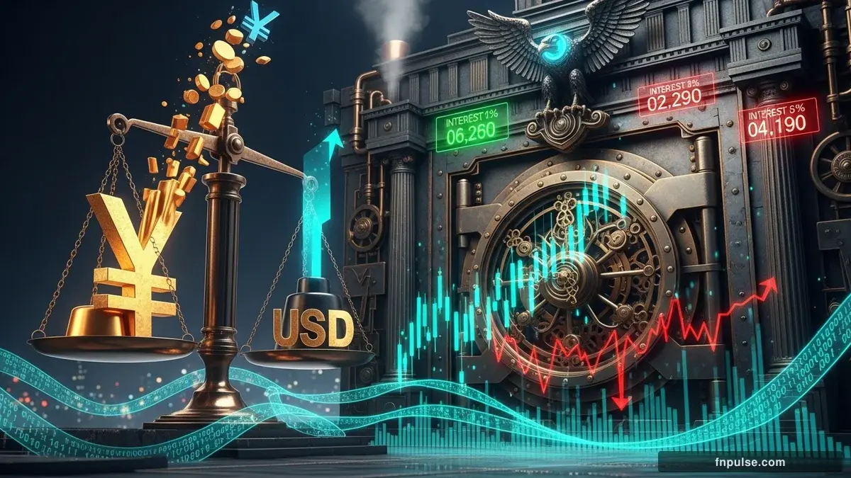 A grand steampunk vault with massive brass doors and copper mechanism wheels, balance scales made of clockwork gears, interest rate indicators glowing in teal holographic displays — editorial illustration for "Japan Intervenes to Prop Up Yen, USD/JPY Plummets as Tokyo Draws Line in the Sand".