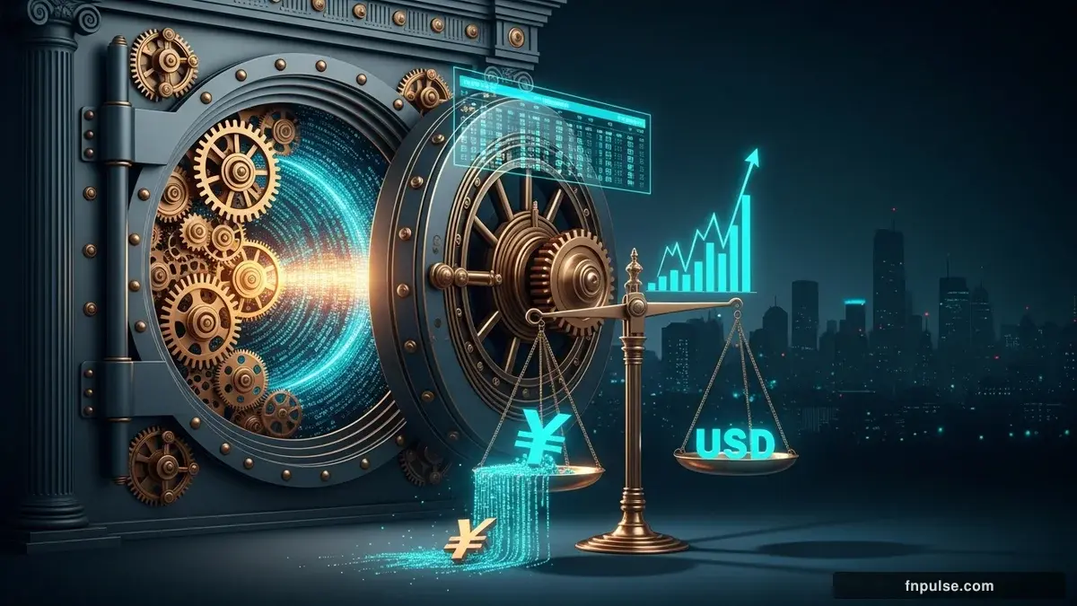 A grand steampunk vault with massive brass doors and copper mechanism wheels, balance scales made of clockwork gears, interest rate indicators glowing in teal holographic displays — editorial illustration for "Japan's $35 Billion Intervention Fails to Stop Yen's Slide as USD/JPY Breaks 160".