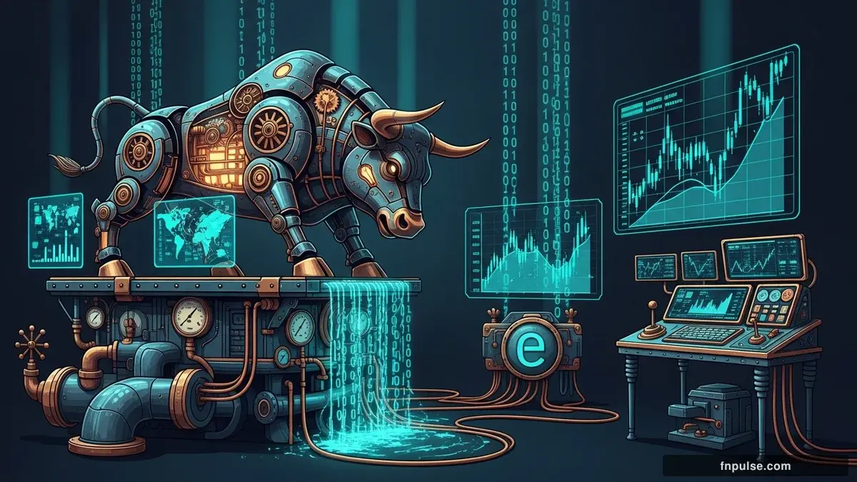 A steampunk mechanical bull with copper gears and brass rivets charges through a digital financial landscape, surrounded by glowing teal candlestick charts, binary code streams, and holographic market data overlays against a dark navy background — editorial illustration for "Japan's Suspected $35 Billion Intervention Rocks Forex Markets, Halts Yen's Plunge".