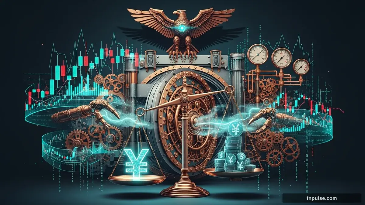 A grand steampunk vault with massive brass doors and copper mechanism wheels, balance scales made of clockwork gears, interest rate indicators glowing in teal holographic displays — editorial illustration for "Japan's Suspected $35B Yen Intervention Shakes Global FX Markets".
