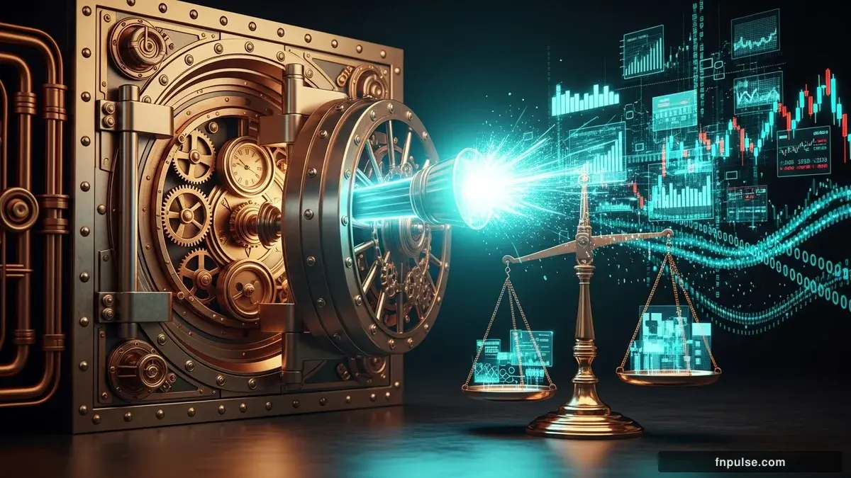 A grand steampunk vault with massive brass doors and copper mechanism wheels, balance scales made of clockwork gears, interest rate indicators glowing in teal holographic displays — editorial illustration for "Japan Fires $32 Billion Yen Bazooka Again During Golden Week as Markets Question Sustainability".