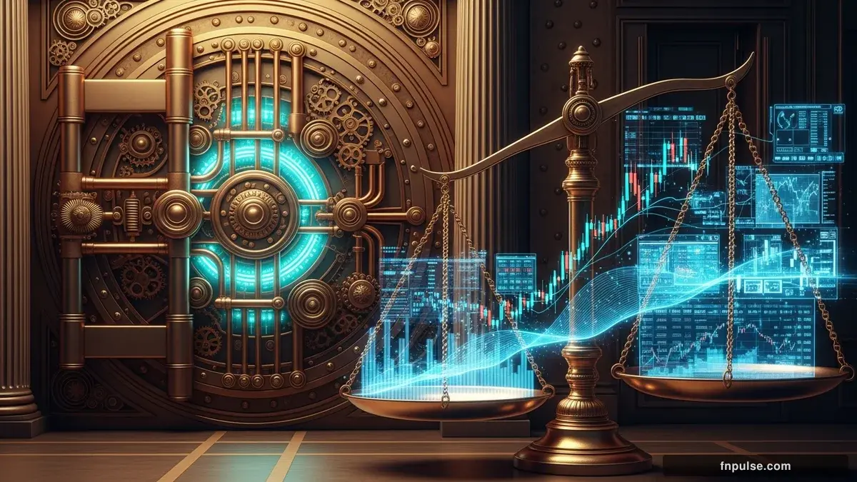 A grand steampunk vault with massive brass doors and copper mechanism wheels, balance scales made of clockwork gears, interest rate indicators glowing in teal holographic displays — editorial illustration for "Yen Jumps Briefly as Japan Takes on Speculators in Fresh Intervention Push".