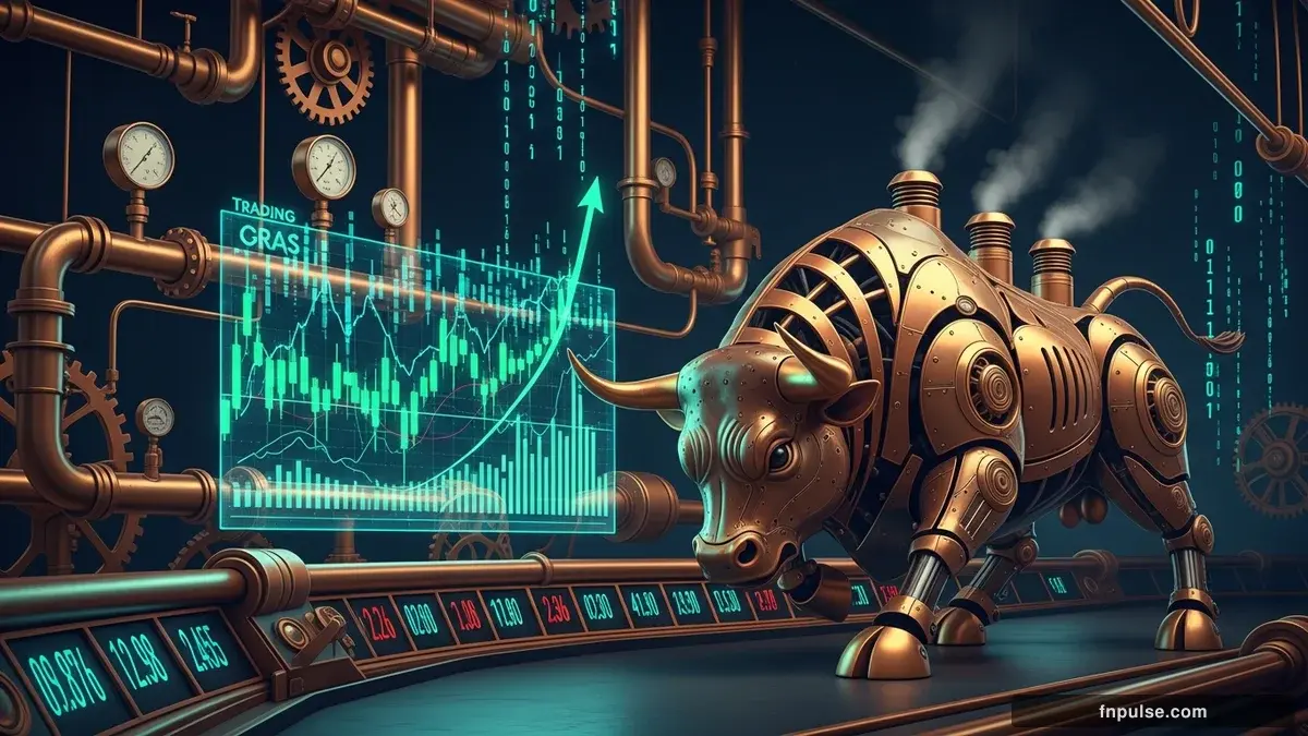 A steampunk mechanical bull with copper gears and brass rivets charges through a digital financial landscape, surrounded by glowing teal candlestick charts, binary code streams, and holographic market data overlays against a dark navy background — editorial illustration for "Japanese Yen Surges 3% as Ministry of Finance Signals Bold Market Intervention".