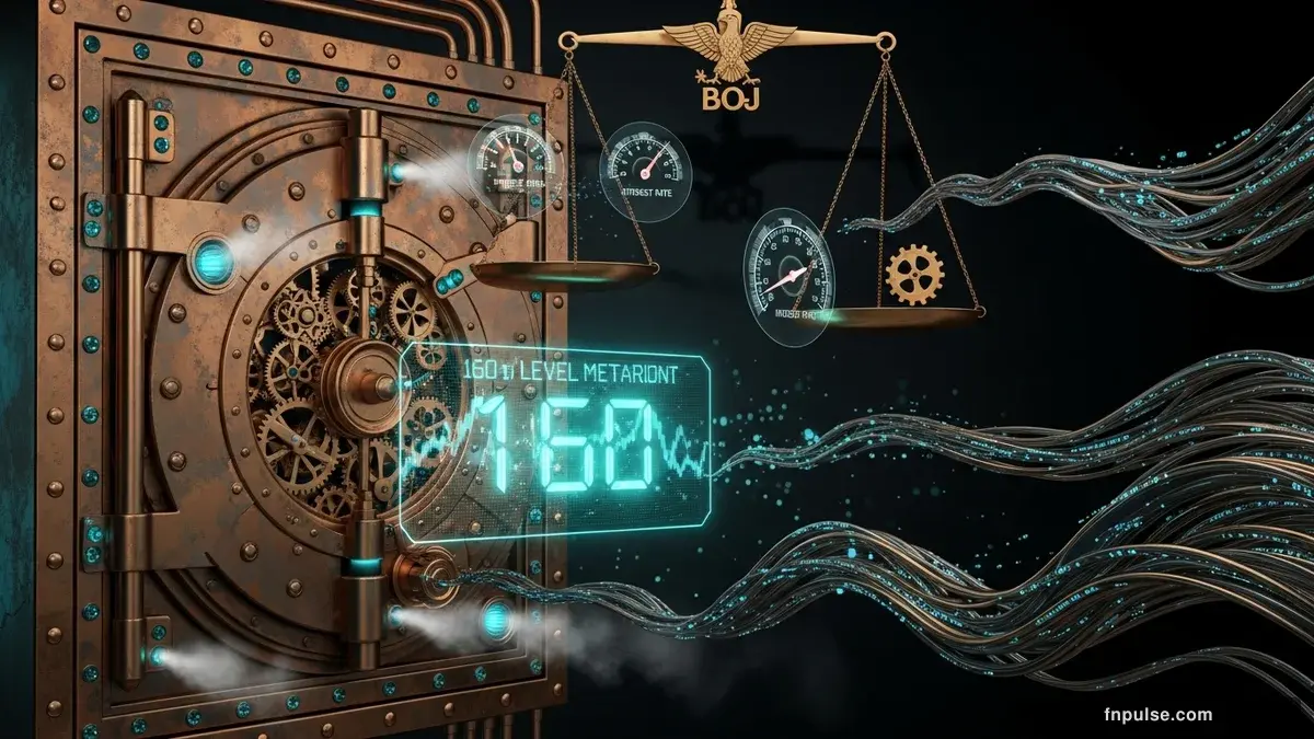 A grand steampunk vault with massive brass doors and copper mechanism wheels, balance scales made of clockwork gears, interest rate indicators glowing in teal holographic displays — editorial illustration for "Japanese Yen Hovers Near Critical 160 Level as BOJ Decision Looms Amid Oil Crisis".