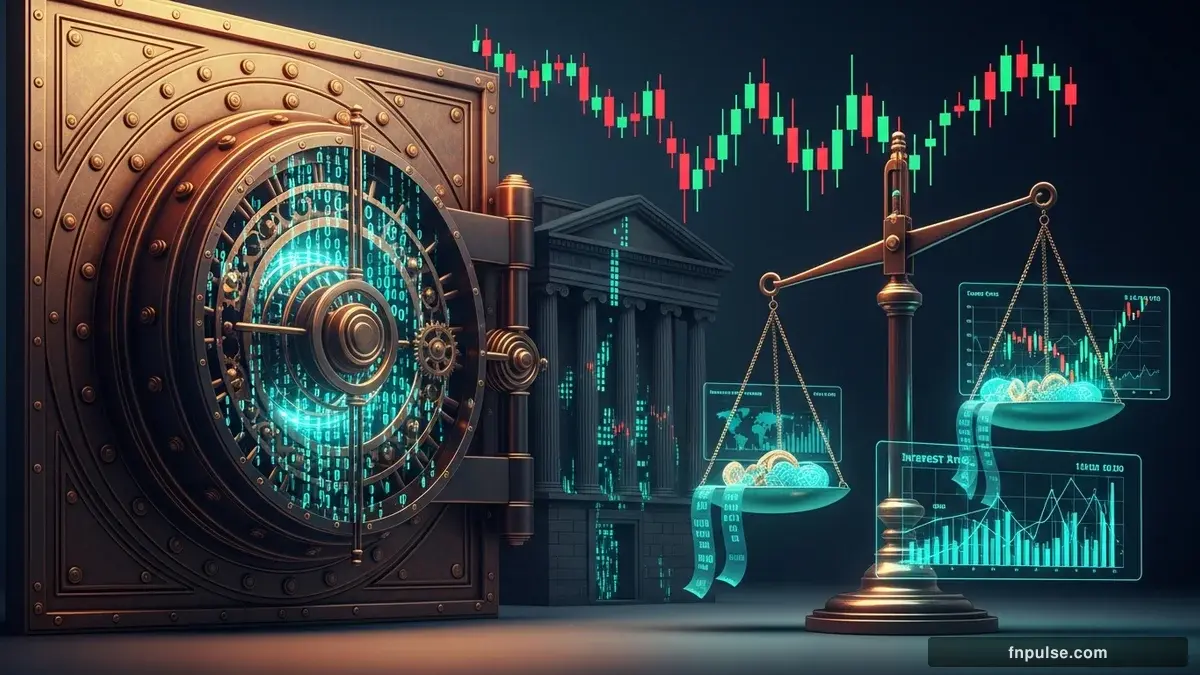 A grand steampunk vault with massive brass doors and copper mechanism wheels, balance scales made of clockwork gears, interest rate indicators glowing in teal holographic displays — editorial illustration for "Justice Department Clears Fed Chair Powell as Global Markets Reprice Risk".