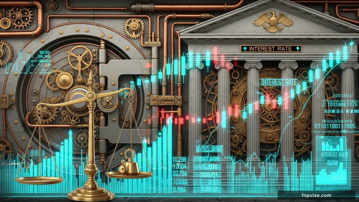 A grand steampunk vault with massive brass doors and copper mechanism wheels, balance scales made of clockwork gears, interest rate indicators glowing in teal holographic displays — editorial illustration for "Kevin Warsh Confirmed as Fed Chair in Historic 54-45 Vote Amid Rising Inflation".