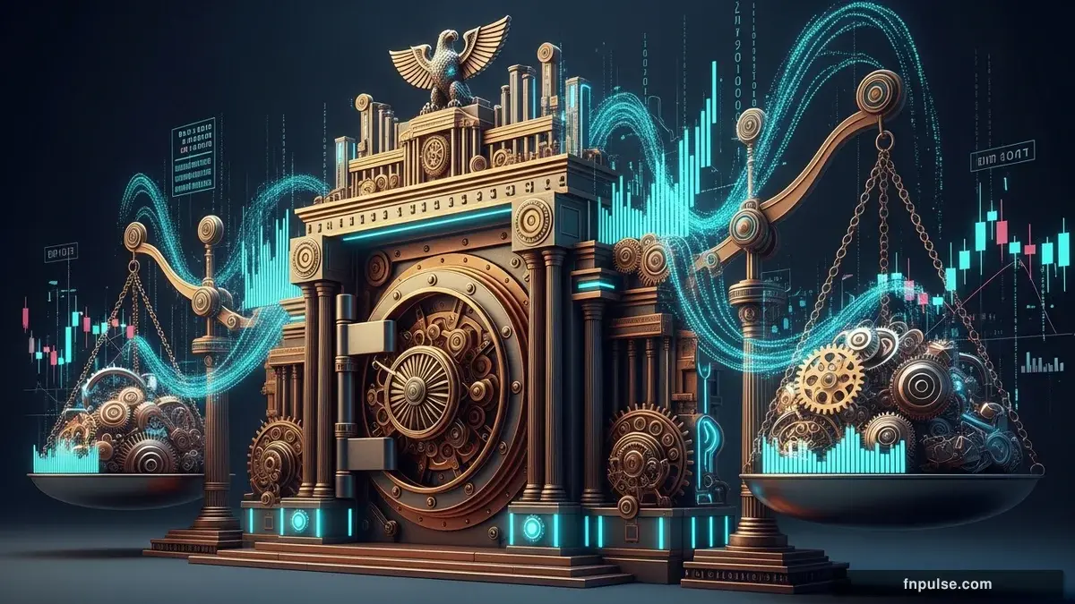 A grand steampunk vault with massive brass doors and copper mechanism wheels, balance scales made of clockwork gears, interest rate indicators glowing in teal holographic displays — editorial illustration for "Senate Clears Path for Kevin Warsh to Become Fed Chair This Friday as Powell Era Ends".