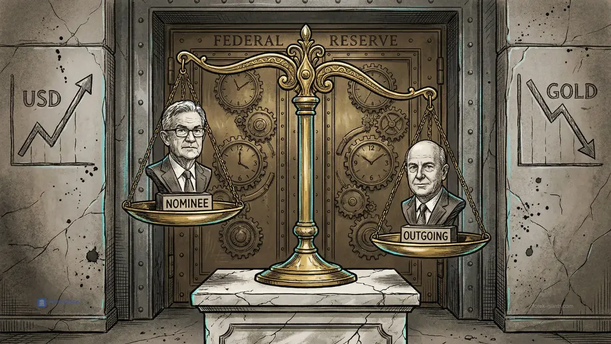 Illustration of a balance scale in front of a Federal Reserve vault door. A "Nominee" is on one side, "Outgoing" on the other. USD rises, gold falls.