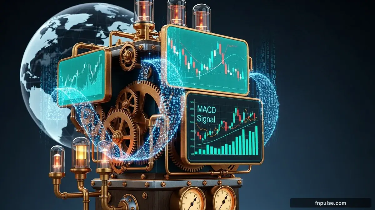 A steampunk globe with brass meridian lines and copper continent plates, surrounded by glowing teal financial data streams, candlestick charts, and holographic trading network connections — editorial illustration for "MACD Indicator Guide".