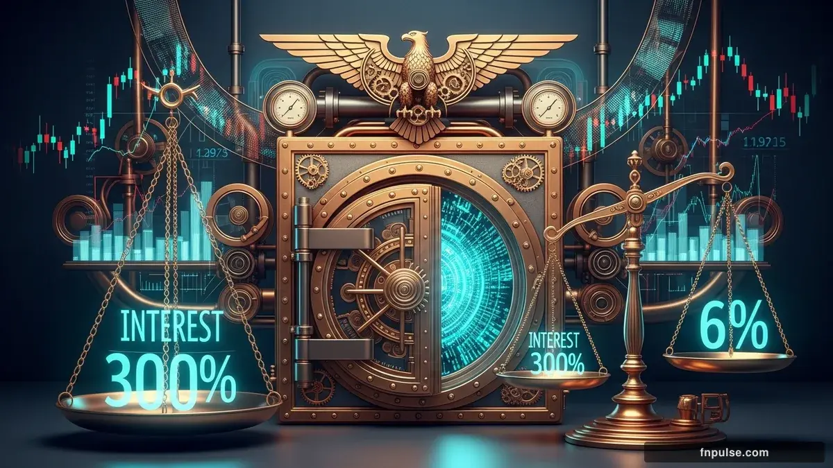 A grand steampunk vault with massive brass doors and copper mechanism wheels, balance scales made of clockwork gears, interest rate indicators glowing in teal holographic displays — editorial illustration for "Wall Street Abandons 2026 Rate Cut Bets as Fed Chair Warsh Takes Office This Week".