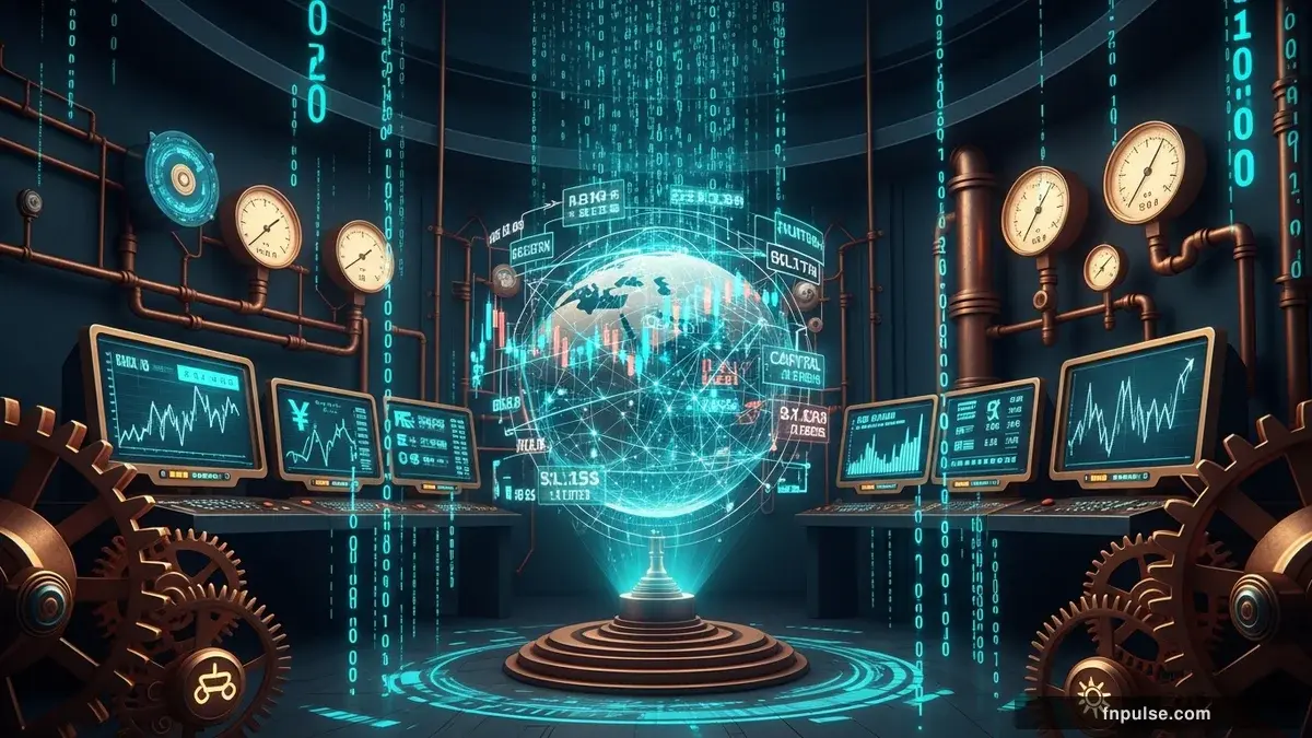 A steampunk globe with brass meridian lines and copper continent plates, surrounded by glowing teal financial data streams, candlestick charts, and holographic trading network connections — editorial illustration for "How are corporations managing risks from global tariffs and FX volatility?".