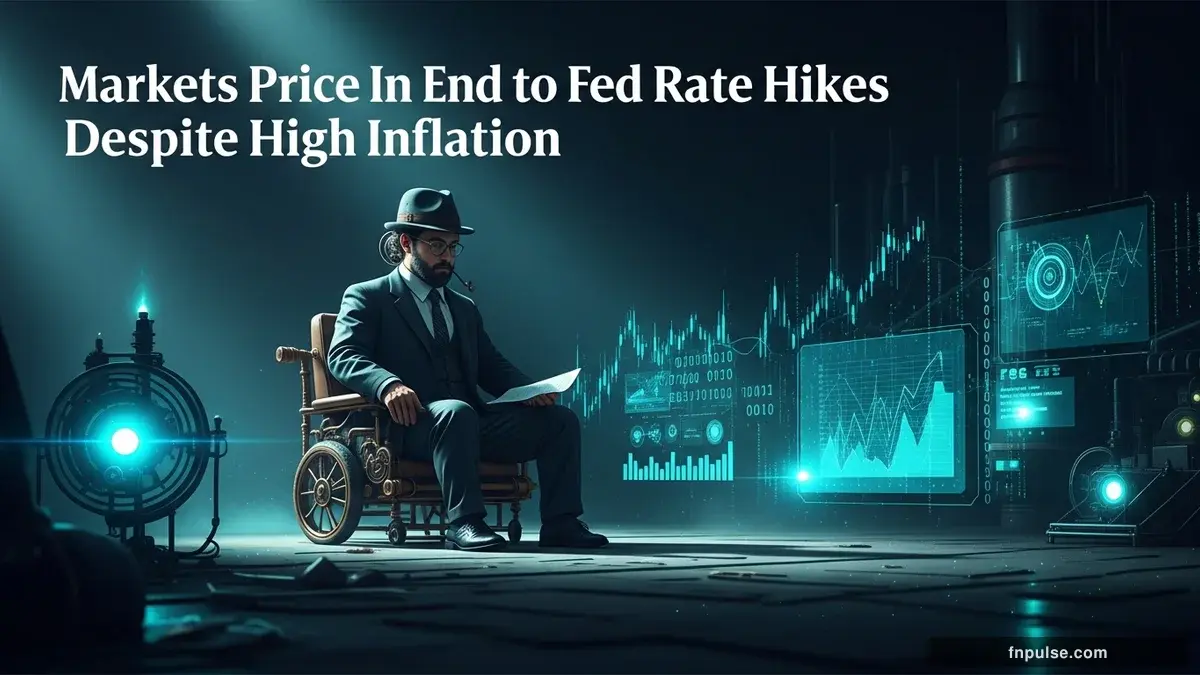 A grand steampunk vault with massive brass doors and copper mechanism wheels, balance scales made of clockwork gears, interest rate indicators glowing in teal holographic displays — editorial illustration for "Markets Price In End to Fed Rate Hikes Despite High Inflation".