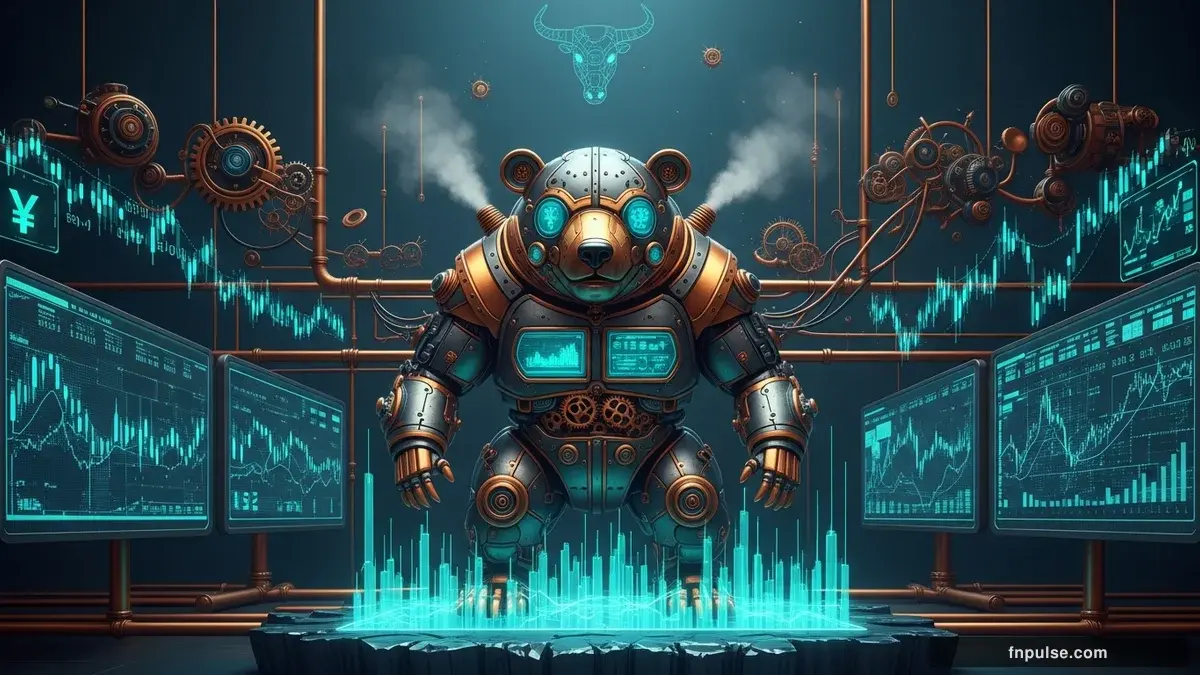A steampunk mechanical bull with copper gears and brass rivets charges through a digital financial landscape, surrounded by glowing teal candlestick charts, binary code streams, and holographic market data overlays against a dark navy background — editorial illustration for "Massive Yen Intervention Triggers Global Forex Volatility".
