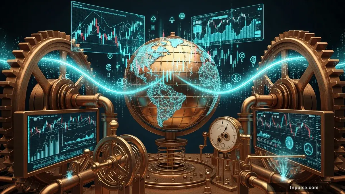 A steampunk globe with brass meridian lines and copper continent plates, surrounded by glowing teal financial data streams, candlestick charts, and holographic trading network connections β editorial illustration for "Mastering Forex: Dynamic Risk Management for Evolving Market Conditions".