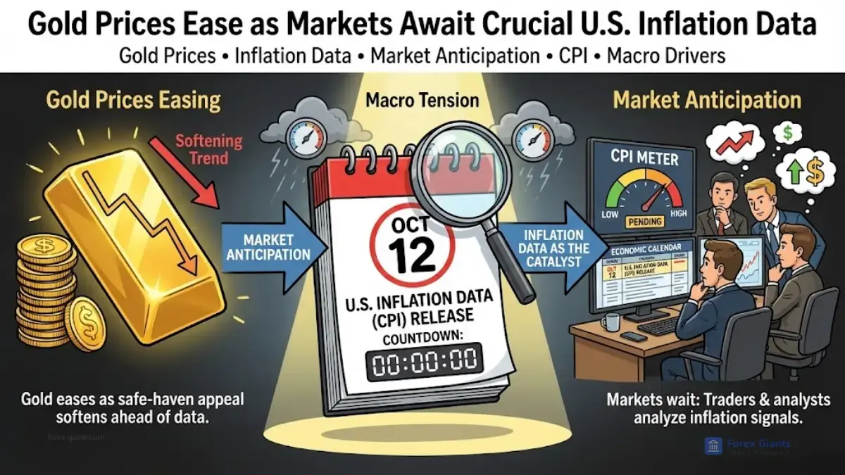Illustration titled 'Gold Prices Ease as Markets Await Crucial U.S. Inflation Data.' Features gold bars and coins with a softening trend arrow, a calendar with 'Oct 12' as the CPI release date, and analysts at desks studying economic data, conveying market anticipation and macro tension.