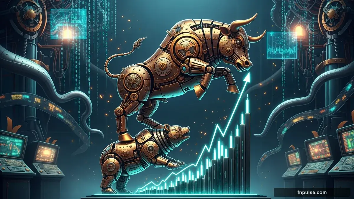 A steampunk mechanical bull with copper gears and brass rivets charges through a digital financial landscape, surrounded by glowing teal candlestick charts, binary code streams, and holographic market data overlays against a dark navy background — editorial illustration for "Michael Burry Warns Nasdaq 100 'Complete Reversal' Imminent as Tech Rally Echoes 2000 Dot-Com Peak".