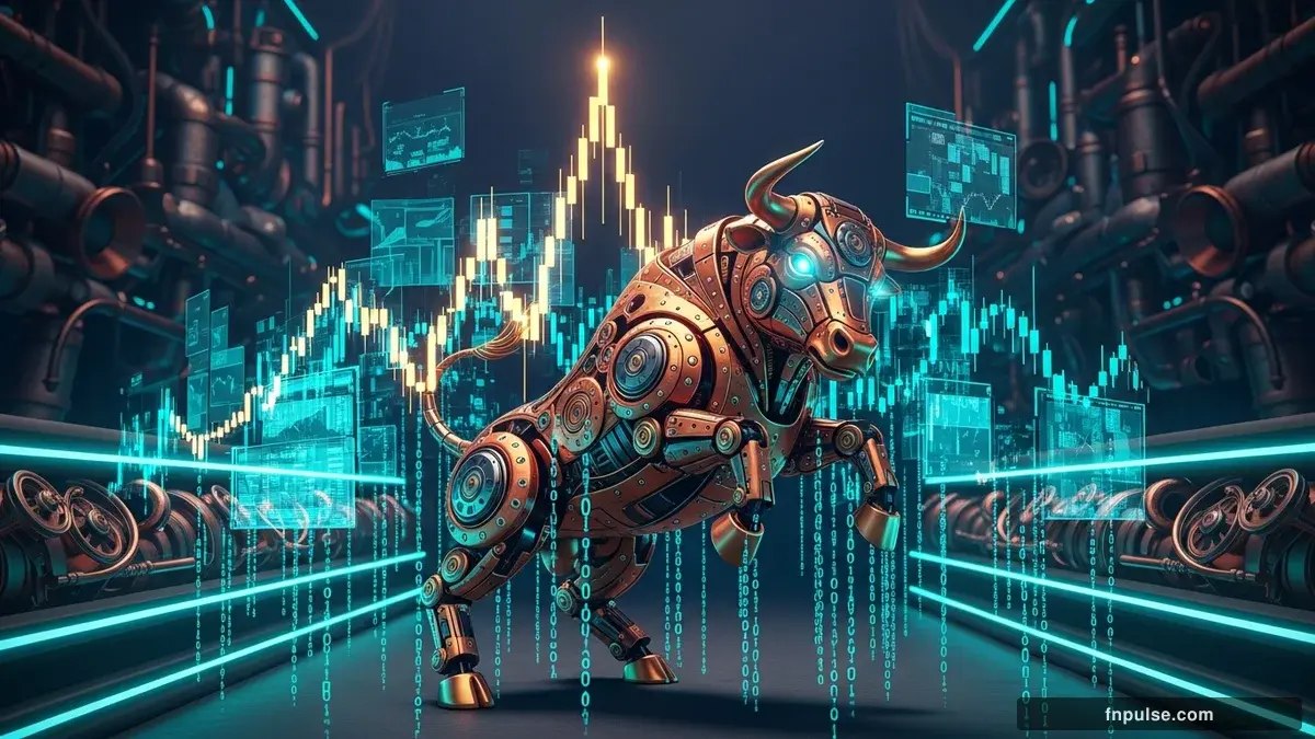 A steampunk mechanical bull with copper gears and brass rivets charges through a digital financial landscape, surrounded by glowing teal candlestick charts, binary code streams, and holographic market data overlays against a dark navy background — editorial illustration for "Middle East Tensions Roil Markets, Boosting Dollar and Oil Prices".