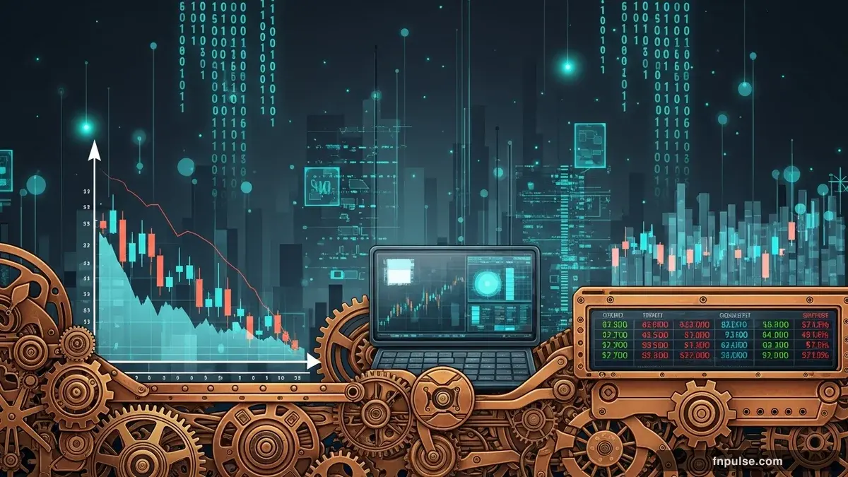 A steampunk industrial cityscape with copper-riveted factory towers, spinning brass gears driving economic indicators, GDP graphs rendered in glowing teal holographic projections against a moody dark navy sky — editorial illustration for "Modi Urges One-Year Gold Ban and Work-From-Home Revival as India's Forex Reserves Drop $7.8 Billion".