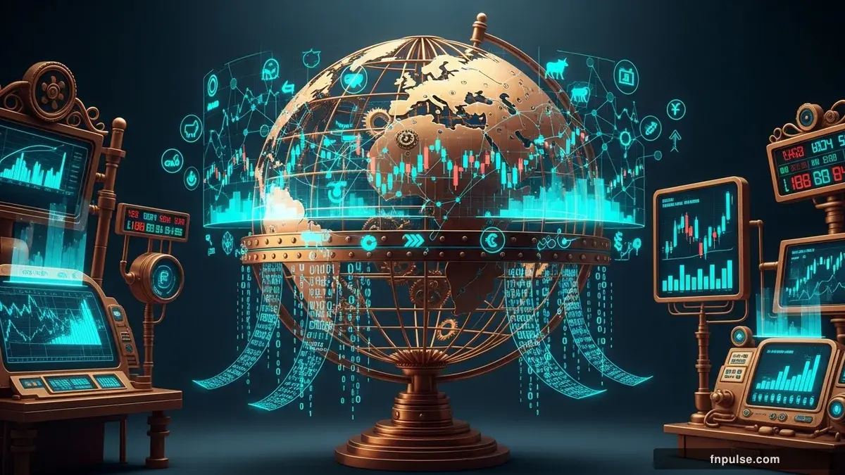 A steampunk globe with brass meridian lines and copper continent plates, surrounded by glowing teal financial data streams, candlestick charts, and holographic trading network connections — editorial illustration for "Moving Averages (SMA, EMA, WMA)".