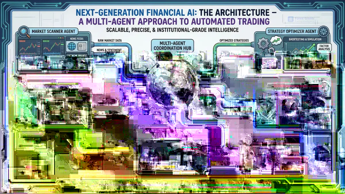 A detailed flowchart illustrating a multi-agent AI architecture for automated trading. Central hub connects agents like market scanner, compliance monitor, strategy optimizer, risk manager, and execution engine, emphasizing efficiency and security. Keywords at the bottom highlight adaptability and transparency.