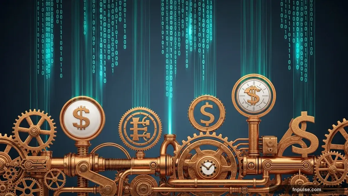 A steampunk industrial cityscape with copper-riveted factory towers, spinning brass gears driving economic indicators, GDP graphs rendered in glowing teal holographic projections against a moody dark navy sky — editorial illustration for "NFP Beats Consensus by 52K as Fed Delays Rate Cuts to 2027".