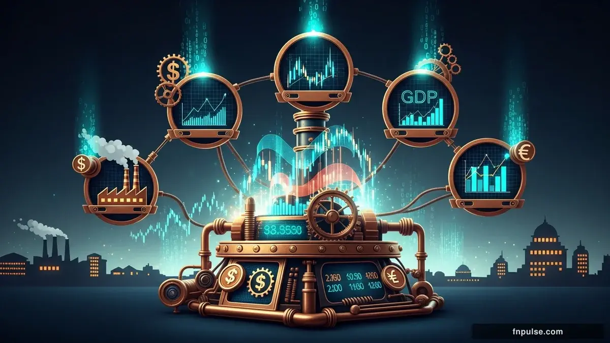 A steampunk industrial cityscape with copper-riveted factory towers, spinning brass gears driving economic indicators, GDP graphs rendered in glowing teal holographic projections against a moody dark navy sky — editorial illustration for "NFP Preview: 65K Jobs Expected—What It Means for the Dollar and Fed Rate Path".