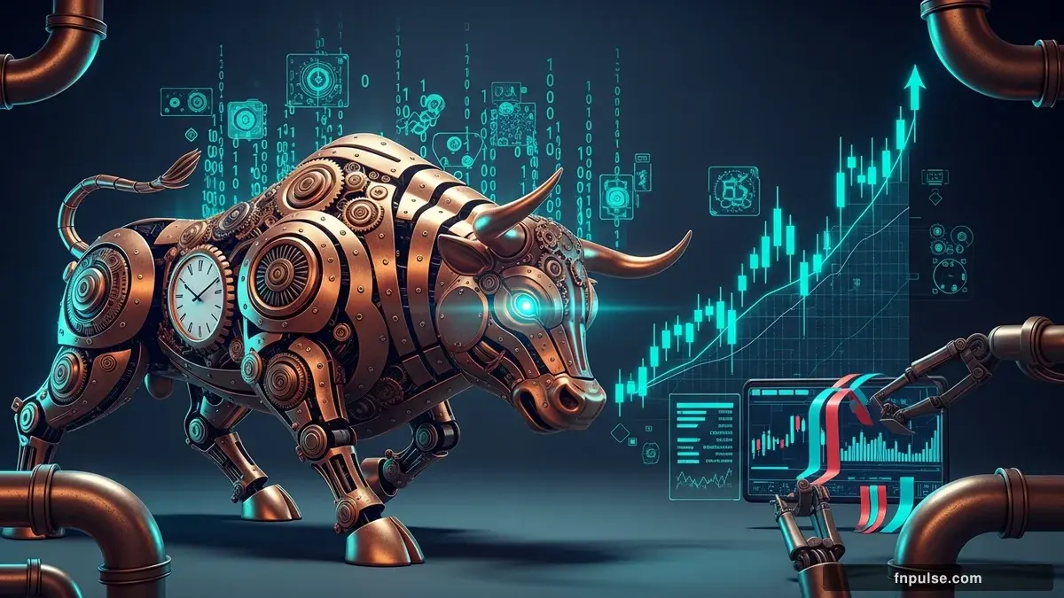 A steampunk mechanical bull with copper gears and brass rivets charges through a digital financial landscape, surrounded by glowing teal candlestick charts, binary code streams, and holographic market data overlays against a dark navy background — editorial illustration for "Oil and Gold Surge as US-Iran Tensions Escalate Ahead of US Jobs Report".