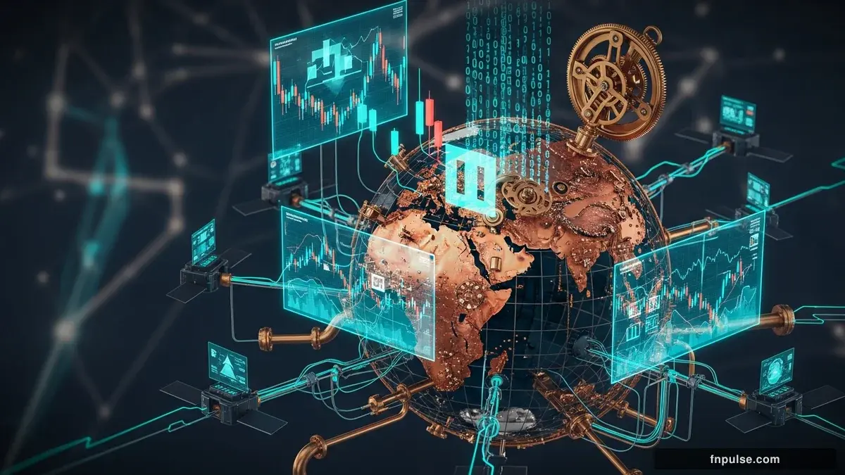 A steampunk globe with brass meridian lines and copper continent plates, surrounded by glowing teal financial data streams, candlestick charts, and holographic trading network connections — editorial illustration for "Oil Crashes 2.4%, Dollar Reverses as Trump Delays Iran Strike – Markets Price in Geopolitical Relief".