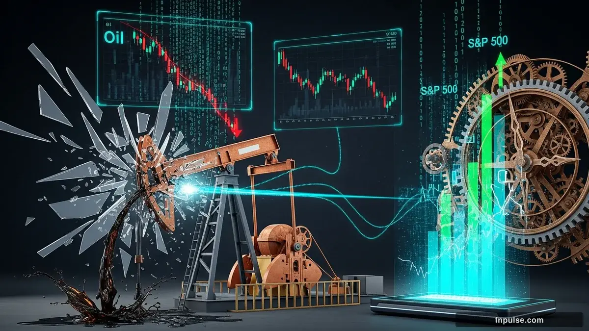 A dramatic steampunk scene with metallic impact effects and shattered glass elements, glowing teal alert indicators and urgent data streams flowing through copper pipes against a stormy dark blue backdrop — editorial illustration for "Oil Plunges 9 Percent as Iran Reopens Strait of Hormuz, S&P 500 Hits Record".