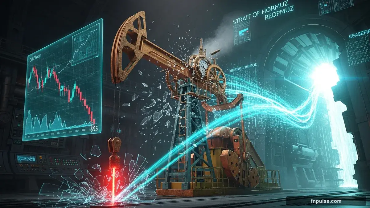 A dramatic steampunk scene with metallic impact effects and shattered glass elements, glowing teal alert indicators and urgent data streams flowing through copper pipes against a stormy dark blue backdrop — editorial illustration for "Oil Plunges Below $95 as Iran Ceasefire Reopens Strait of Hormuz".