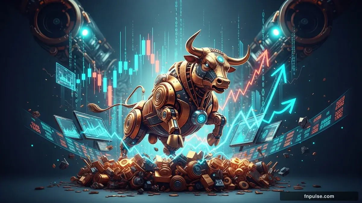 A steampunk mechanical bull with copper gears and brass rivets charges through a digital financial landscape, surrounded by glowing teal candlestick charts, binary code streams, and holographic market data overlays against a dark navy background — editorial illustration for "Oil Prices Collapse 10% on US-Iran Deal Hopes, Sparking Global Market Rally".
