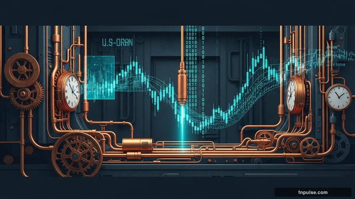 Steampunk mechanical commodity elements with brass oil derricks, copper grain silos, and gold storage vaults, connected by teal data streams and glowing market price tickers — editorial illustration for "Oil Prices Plummet on US-Iran Deal Hopes, Shaking Global Markets".