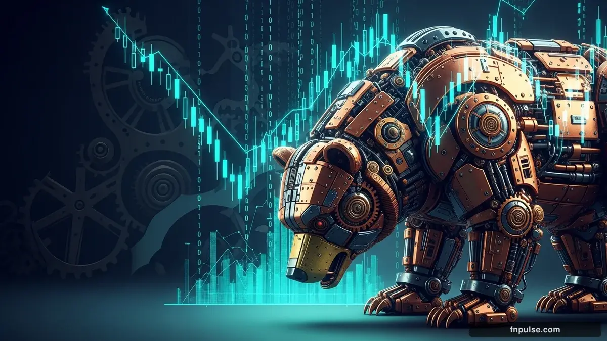 A steampunk mechanical bull with copper gears and brass rivets charges through a digital financial landscape, surrounded by glowing teal candlestick charts, binary code streams, and holographic market data overlays against a dark navy background — editorial illustration for "Oil Prices Plunge Over 7% on US-Iran Peace Hopes, Shaking Global Markets".