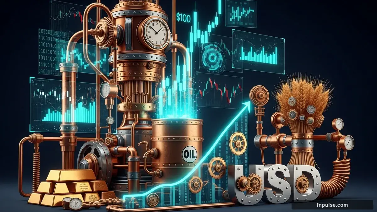 Steampunk mechanical commodity elements with brass oil derricks, copper grain silos, and gold storage vaults, connected by teal data streams and glowing market price tickers — editorial illustration for "Oil Prices Spike Above $100 on Strait of Hormuz Tensions, Boosting USD".