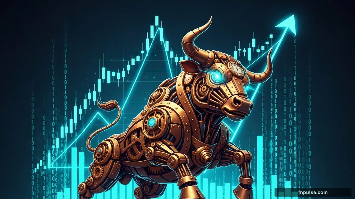 A steampunk mechanical bull with copper gears and brass rivets charges through a digital financial landscape, surrounded by glowing teal candlestick charts, binary code streams, and holographic market data overlays against a dark navy background — editorial illustration for "Oil Prices Tumble on Easing Middle East Tensions, Sparking Equity Rally".