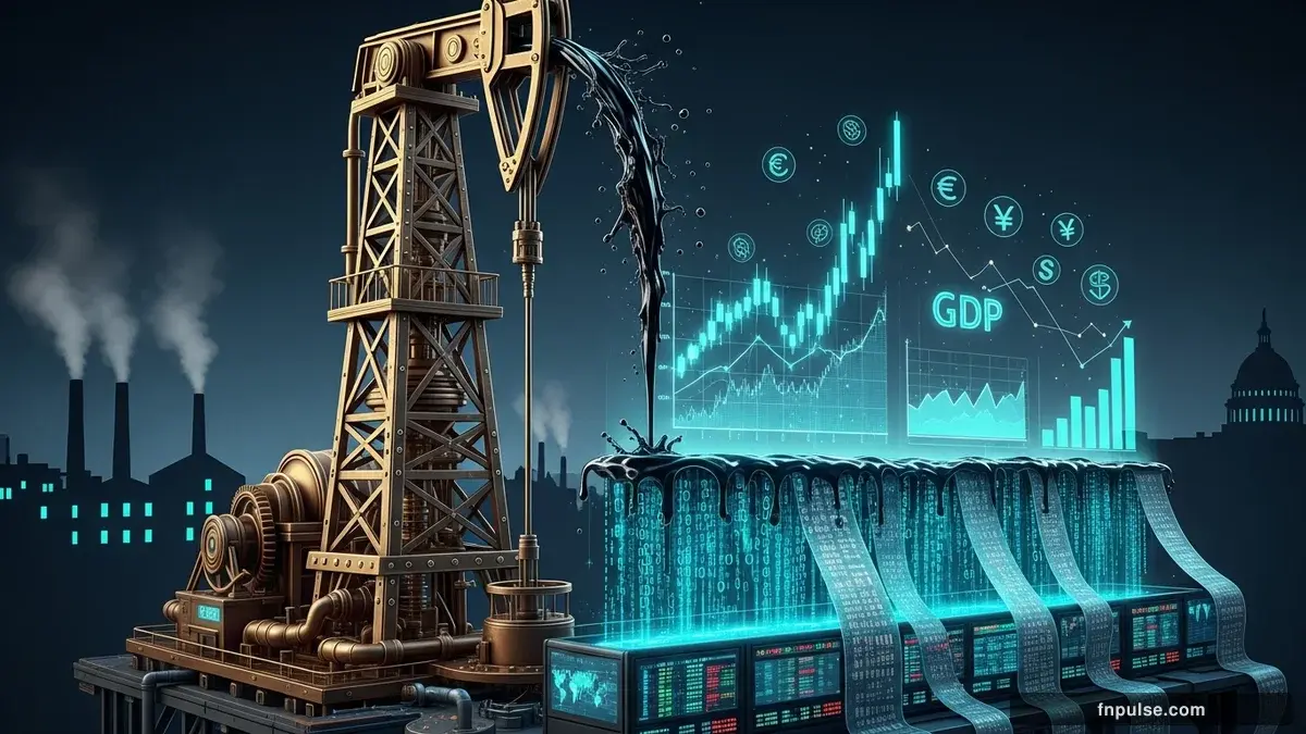 A steampunk industrial cityscape with copper-riveted factory towers, spinning brass gears driving economic indicators, GDP graphs rendered in glowing teal holographic projections against a moody dark navy sky — editorial illustration for "Oil Shock Drives Global Stagflation Fears as US Inflation Hits 3.3%".