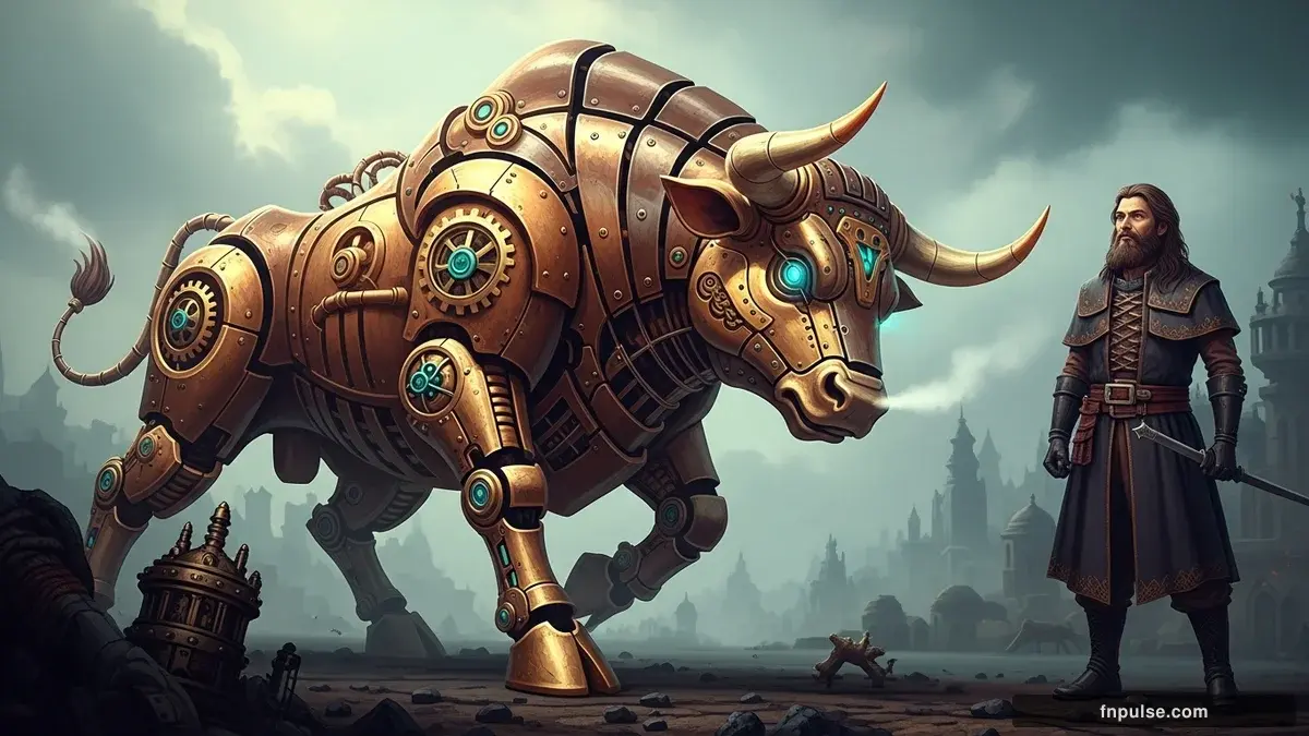 A steampunk mechanical bull with copper gears and brass rivets charges through a digital financial landscape, surrounded by glowing teal candlestick charts, binary code streams, and holographic market data overlays against a dark navy background — editorial illustration for "Oil Spikes to $105.47 as Ceasefire Rejection Drives US Dollar Index to 97.98".