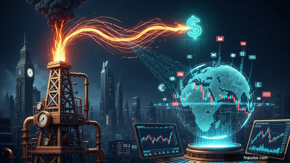 A steampunk globe with brass meridian lines and copper continent plates, surrounded by glowing teal financial data streams, candlestick charts, and holographic trading network connections — editorial illustration for "Oil Surges to $126/Barrel on Iran Strait of Hormuz Crisis: EUR/USD and GBP/USD Under Pressure".
