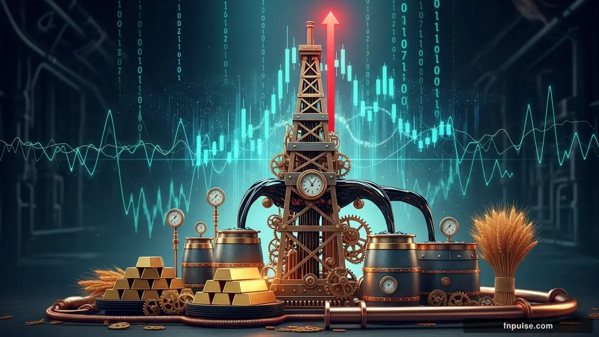 Steampunk mechanical commodity elements with brass oil derricks, copper grain silos, and gold storage vaults, connected by teal data streams and glowing market price tickers — editorial illustration for "Oil Surges Past $107 as US-Iran Stalemate Threatens Global Supply".