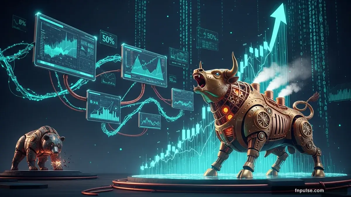A steampunk mechanical bull with copper gears and brass rivets charges through a digital financial landscape, surrounded by glowing teal candlestick charts, binary code streams, and holographic market data overlays against a dark navy background — editorial illustration for "Oil Surges Past $108 on Geopolitical Chaos as BoJ Holds Rates".