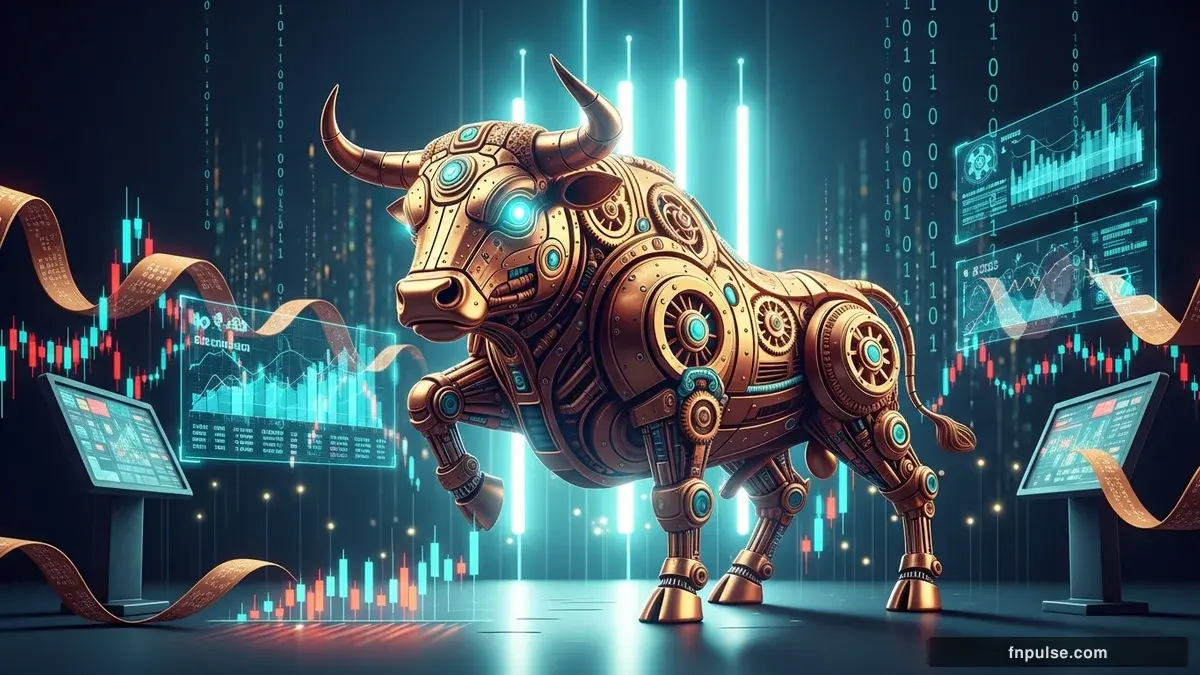 A steampunk mechanical bull with copper gears and brass rivets charges through a digital financial landscape, surrounded by glowing teal candlestick charts, binary code streams, and holographic market data overlays against a dark navy background — editorial illustration for "Oil Surges Past $114 on Mideast Tensions, Fueling Dollar Rally and Forcing ECB's Hand".
