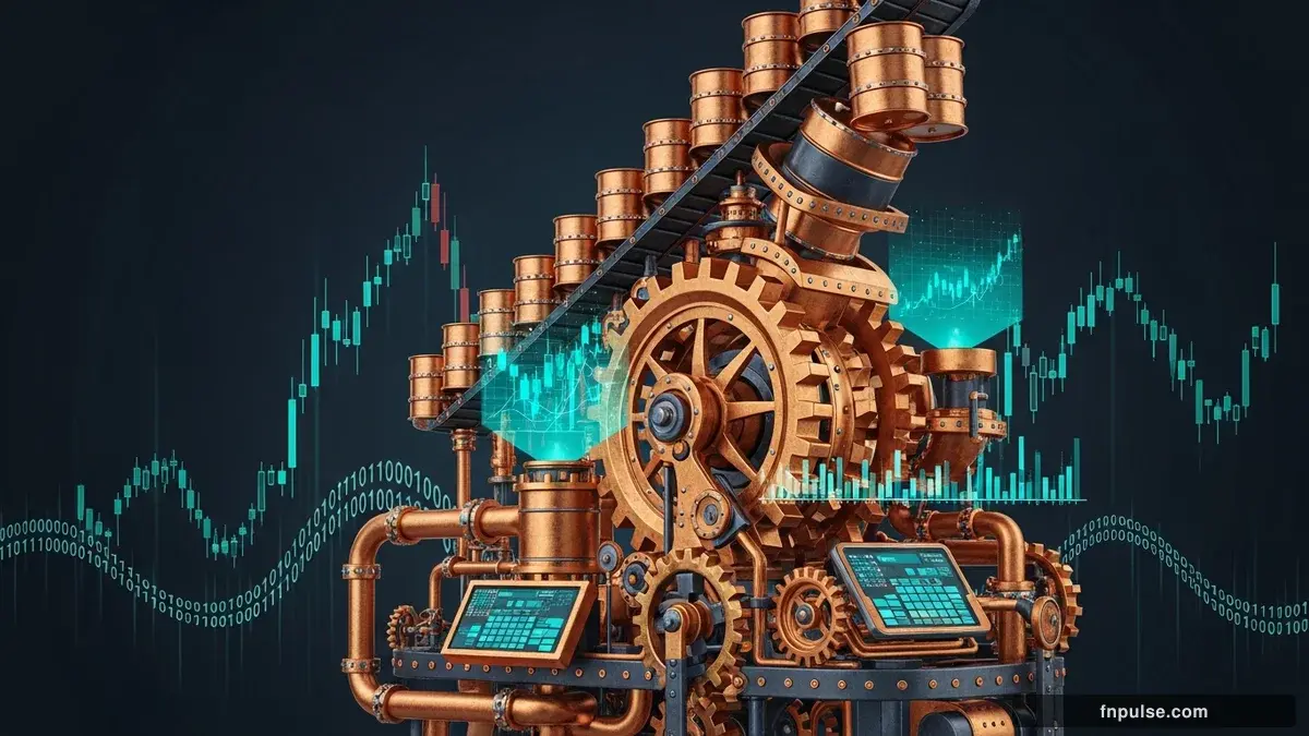 Steampunk mechanical commodity elements with brass oil derricks, copper grain silos, and gold storage vaults, connected by teal data streams and glowing market price tickers — editorial illustration for "OPEC+ Raises Production by 188,000 BPD in First Meeting After UAE Exit".