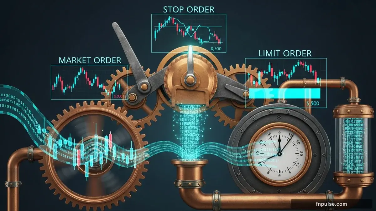 A steampunk globe with brass meridian lines and copper continent plates, surrounded by glowing teal financial data streams, candlestick charts, and holographic trading network connections — editorial illustration for "Order Types: Market, Limit, Stop".