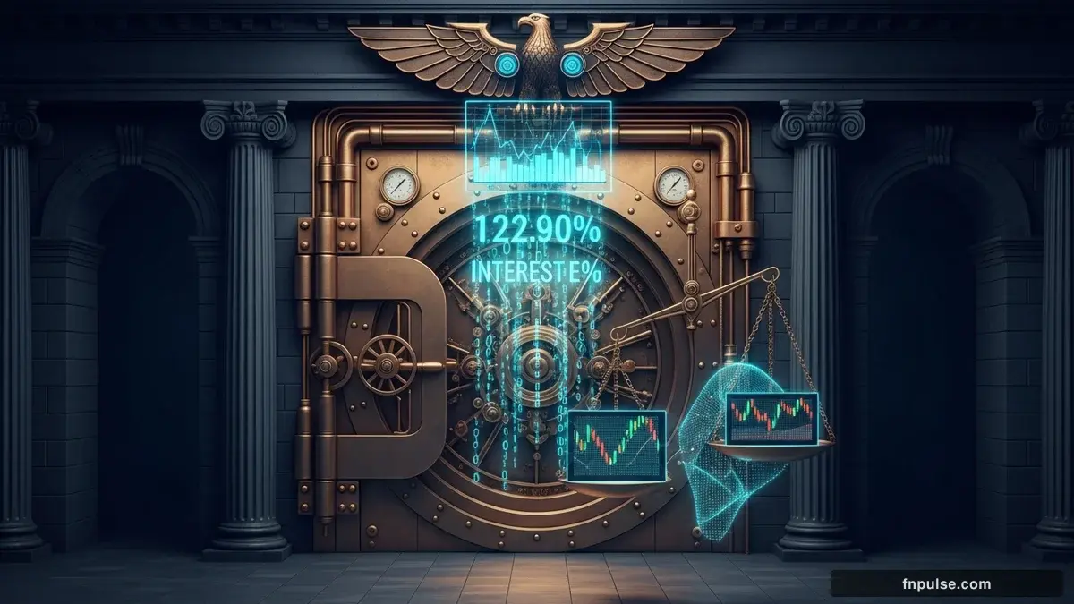 A grand steampunk vault with massive brass doors and copper mechanism wheels, balance scales made of clockwork gears, interest rate indicators glowing in teal holographic displays — editorial illustration for "Powell's Final Fed Meeting: What Markets Should Expect from Wednesday's FOMC Decision".