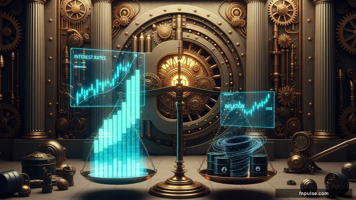 A grand steampunk vault with massive brass doors and copper mechanism wheels, balance scales made of clockwork gears, interest rate indicators glowing in teal holographic displays — editorial illustration for "RBA Hikes to 4.35% for Third Consecutive Time as Bullock Warns 'No Way Out' of Oil-Driven Inflation".
