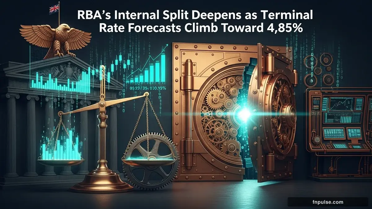 A grand steampunk vault with massive brass doors and copper mechanism wheels, balance scales made of clockwork gears, interest rate indicators glowing in teal holographic displays — editorial illustration for "RBA's Internal Split Deepens as Terminal Rate Forecasts Climb Toward 4.85%".